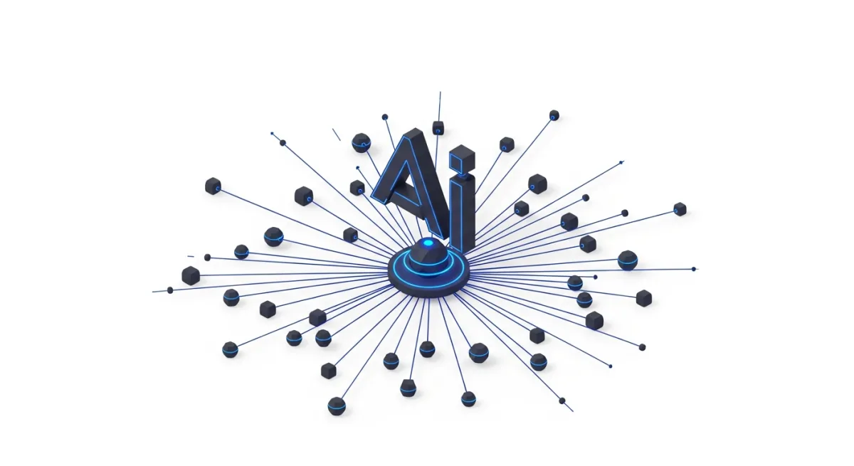 Illustration isometrique de mentions de marque dans les reponses IA