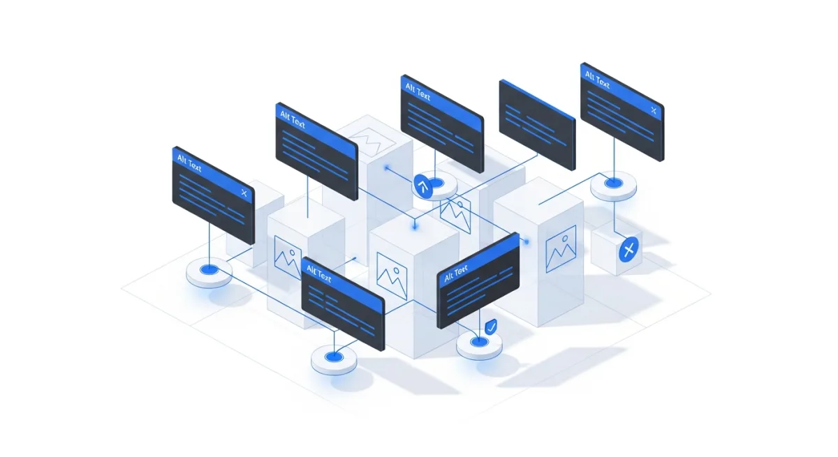 Illustration isometrique de l'optimisation SEO des images et alt text